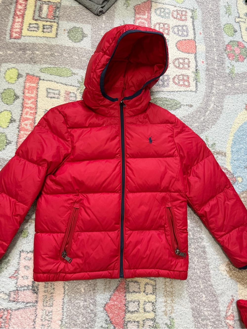 Kids Polo by Ralph Lauren Red Quilted Puffer Jacket with Navy Trim